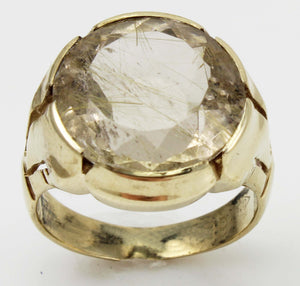 Antique 1920s Art Deco Large 12ct Natural Golden Rutilated Faceted Quartz 10k Solid Gold Men's Ring