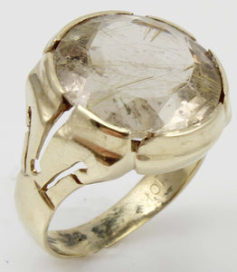 Antique 1920s Art Deco Large 12ct Natural Golden Rutilated Faceted Quartz 10k Solid Gold Men's Ring