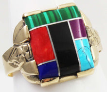 Load image into Gallery viewer, Vintage 1950&#39;s Southwestern Multi Gemstone RARE Intarsia Inlay Engraved 10k Solid Gold Men&#39;s Ring