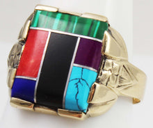 Load image into Gallery viewer, Vintage 1950&#39;s Southwestern Multi Gemstone RARE Intarsia Inlay Engraved 10k Solid Gold Men&#39;s Ring