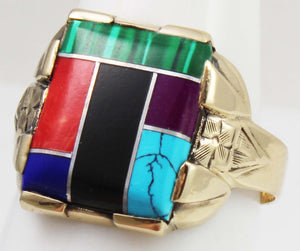 Vintage 1950's Southwestern Multi Gemstone RARE Intarsia Inlay Engraved 10k Solid Gold Men's Ring