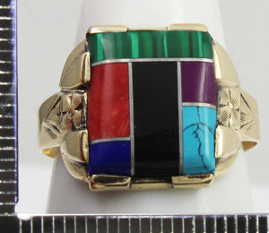 Vintage 1950's Southwestern Multi Gemstone RARE Intarsia Inlay Engraved 10k Solid Gold Men's Ring