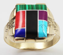 Load image into Gallery viewer, Vintage 1950&#39;s Southwestern Multi Gemstone RARE Intarsia Inlay Engraved 10k Solid Gold Men&#39;s Ring