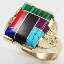 Load image into Gallery viewer, Vintage 1950&#39;s Southwestern Multi Gemstone RARE Intarsia Inlay Engraved 10k Solid Gold Men&#39;s Ring