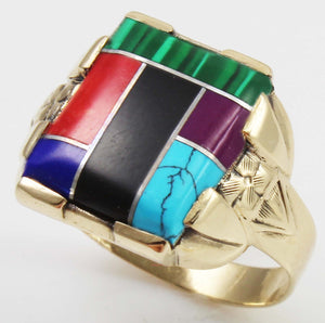 Vintage 1950's Southwestern Multi Gemstone RARE Intarsia Inlay Engraved 10k Solid Gold Men's Ring