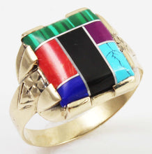 Load image into Gallery viewer, Vintage 1950&#39;s Southwestern Multi Gemstone RARE Intarsia Inlay Engraved 10k Solid Gold Men&#39;s Ring