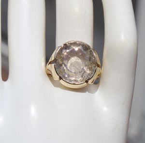 Antique 1920s Art Deco Large 12ct Natural Golden Rutilated Faceted Quartz 10k Solid Gold Men's Ring