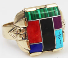 Load image into Gallery viewer, Vintage 1950&#39;s Southwestern Multi Gemstone RARE Intarsia Inlay Engraved 10k Solid Gold Men&#39;s Ring