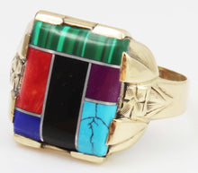 Load image into Gallery viewer, Vintage 1950&#39;s Southwestern Multi Gemstone RARE Intarsia Inlay Engraved 10k Solid Gold Men&#39;s Ring