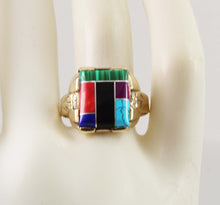 Load image into Gallery viewer, Vintage 1950&#39;s Southwestern Multi Gemstone RARE Intarsia Inlay Engraved 10k Solid Gold Men&#39;s Ring