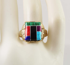 Vintage 1950's Southwestern Multi Gemstone RARE Intarsia Inlay Engraved 10k Solid Gold Men's Ring