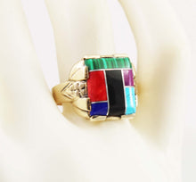 Load image into Gallery viewer, Vintage 1950&#39;s Southwestern Multi Gemstone RARE Intarsia Inlay Engraved 10k Solid Gold Men&#39;s Ring