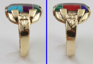 Vintage 1950's Southwestern Multi Gemstone RARE Intarsia Inlay Engraved 10k Solid Gold Men's Ring