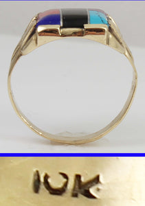 Vintage 1950's Southwestern Multi Gemstone RARE Intarsia Inlay Engraved 10k Solid Gold Men's Ring