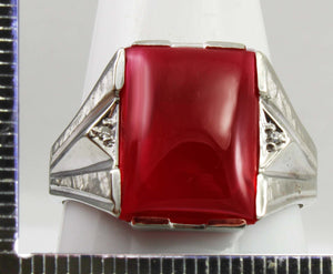 Antique 1920's Art Deco LARGE 12ct Ruby & 2 Diamond Hand Engraved 10k Solid White Gold Men's Ring