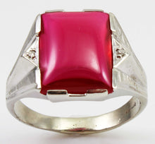 Load image into Gallery viewer, Antique 1920&#39;s Art Deco LARGE 12ct Ruby &amp; 2 Diamond Hand Engraved 10k Solid White Gold Men&#39;s Ring