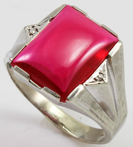 Antique 1920's Art Deco LARGE 12ct Ruby & 2 Diamond Hand Engraved 10k Solid White Gold Men's Ring