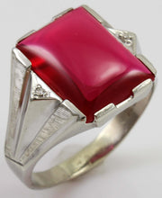 Load image into Gallery viewer, Antique 1920&#39;s Art Deco LARGE 12ct Ruby &amp; 2 Diamond Hand Engraved 10k Solid White Gold Men&#39;s Ring