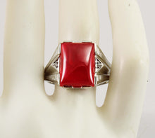 Load image into Gallery viewer, Antique 1920&#39;s Art Deco LARGE 12ct Ruby &amp; 2 Diamond Hand Engraved 10k Solid White Gold Men&#39;s Ring