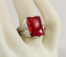 Load image into Gallery viewer, Antique 1920&#39;s Art Deco LARGE 12ct Ruby &amp; 2 Diamond Hand Engraved 10k Solid White Gold Men&#39;s Ring