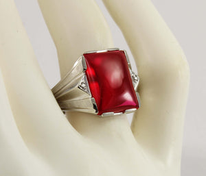 Antique 1920's Art Deco LARGE 12ct Ruby & 2 Diamond Hand Engraved 10k Solid White Gold Men's Ring