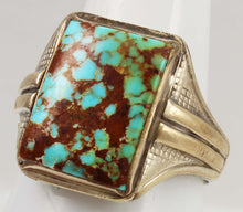 Load image into Gallery viewer, Antique 1920&#39;s Art Deco Ostby &amp; Barton Natural RARE #8 Mine Turquoise Silver &amp; 10k Gold Men&#39;s Ring