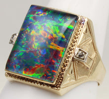 Load image into Gallery viewer, Antique 1920's Art Deco LARGE RAINBOW Opal &amp; Two Diamond 10k Solid Yellow Gold Men's Ring