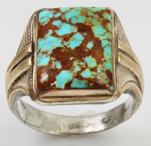 Antique 1920's Art Deco Ostby & Barton Natural RARE #8 Mine Turquoise Silver & 10k Gold Men's Ring