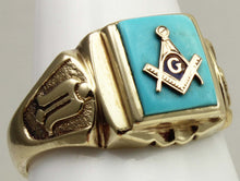Load image into Gallery viewer, Vintage 1940's SIGNED DASON Davidson &amp; Sons of NY Masonic Natural Turquoise 10k Solid Gold Mens Ring