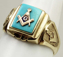 Load image into Gallery viewer, Vintage 1940's SIGNED DASON Davidson &amp; Sons of NY Masonic Natural Turquoise 10k Solid Gold Mens Ring