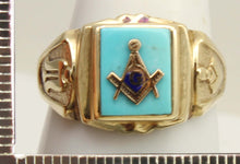 Load image into Gallery viewer, Vintage 1940's SIGNED DASON Davidson &amp; Sons of NY Masonic Natural Turquoise 10k Solid Gold Mens Ring