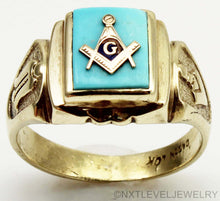Load image into Gallery viewer, Vintage 1940's SIGNED DASON Davidson &amp; Sons of NY Masonic Natural Turquoise 10k Solid Gold Mens Ring