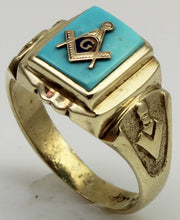 Load image into Gallery viewer, Vintage 1940's SIGNED DASON Davidson &amp; Sons of NY Masonic Natural Turquoise 10k Solid Gold Mens Ring