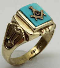 Load image into Gallery viewer, Vintage 1940's SIGNED DASON Davidson &amp; Sons of NY Masonic Natural Turquoise 10k Solid Gold Mens Ring