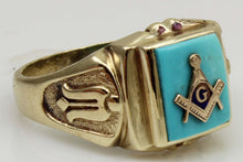 Load image into Gallery viewer, Vintage 1940's SIGNED DASON Davidson &amp; Sons of NY Masonic Natural Turquoise 10k Solid Gold Mens Ring
