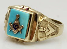 Load image into Gallery viewer, Vintage 1940's SIGNED DASON Davidson &amp; Sons of NY Masonic Natural Turquoise 10k Solid Gold Mens Ring