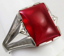 Load image into Gallery viewer, Antique 1920&#39;s Art Deco LARGE 12ct Ruby &amp; 2 Diamond Hand Engraved 10k Solid White Gold Men&#39;s Ring