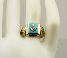Load image into Gallery viewer, Vintage 1940's SIGNED DASON Davidson &amp; Sons of NY Masonic Natural Turquoise 10k Solid Gold Mens Ring