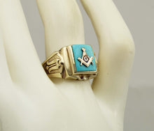 Load image into Gallery viewer, Vintage 1940's SIGNED DASON Davidson &amp; Sons of NY Masonic Natural Turquoise 10k Solid Gold Mens Ring