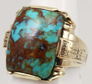 Antique 1920's Art Deco RARE COLLAPSED RED/ORANGE Matrix Kingman Turquoise 10k Solid Gold Men's Ring