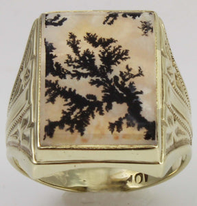 Antique 1920's Art Deco RARE Natural Dendritic Agate Milgrained 10k Solid Yellow Gold Men's Ring