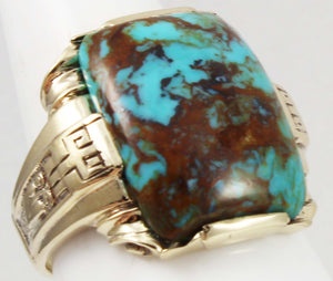 Antique 1920's Art Deco RARE COLLAPSED RED/ORANGE Matrix Kingman Turquoise 10k Solid Gold Men's Ring