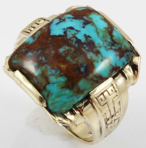 Antique 1920's Art Deco RARE COLLAPSED RED/ORANGE Matrix Kingman Turquoise 10k Solid Gold Men's Ring