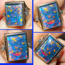 Load image into Gallery viewer, Antique 1920's Art Deco LARGE RAINBOW Opal &amp; Two Diamond 10k Solid Yellow Gold Men's Ring