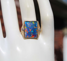 Load image into Gallery viewer, Antique 1920's Art Deco LARGE RAINBOW Opal &amp; Two Diamond 10k Solid Yellow Gold Men's Ring