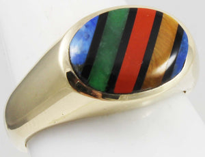 Vintage 1940's SIGNED DASON of NY RARE Natural Mulr-Gemstone Intarsia Inlay 10k Solid Gold Mens Ring