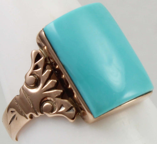 Antique Victorian RARE Natural Persian Turquoise Engraved 14k Solid Rose Gold Ladies Cocktail Ring