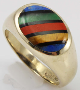 Vintage 1940's SIGNED DASON of NY RARE Natural Mulr-Gemstone Intarsia Inlay 10k Solid Gold Mens Ring