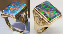 Load image into Gallery viewer, Antique 1920's Art Deco LARGE RAINBOW Opal &amp; Two Diamond 10k Solid Yellow Gold Men's Ring