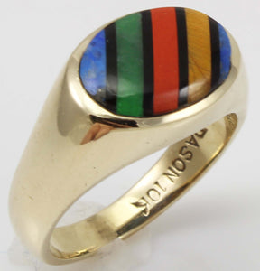 Vintage 1940's SIGNED DASON of NY RARE Natural Mulr-Gemstone Intarsia Inlay 10k Solid Gold Mens Ring